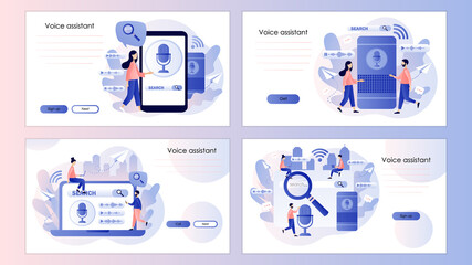 Fototapeta na wymiar Voice assistant, search concept. Tiny people user with voice controlled smart speaker. Screen template for mobile smart phone, landing page, template,ui, web, mobile app, poster, banner, flyer. Vector