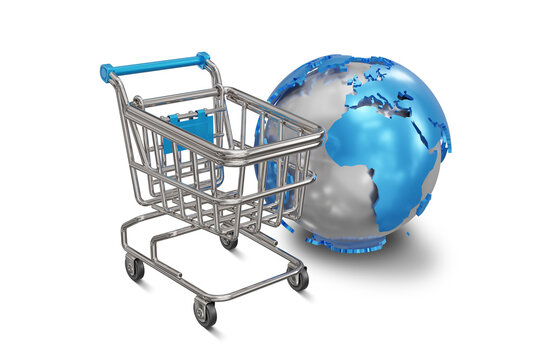 Shopping cart and earth globe model on white background - 3d illustration