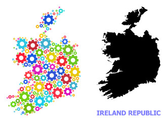 Obraz premium Vector mosaic map of Ireland Republic designed for industrial apps. Mosaic map of Ireland Republic is organized from randomized bright wheels. Engineering components in bright colors.
