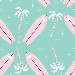 seamless pink and green palm trees pattern with tropical flower. repeating vector beach and surfing pattern with surf boards.