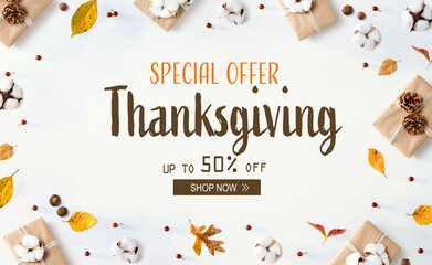 Thanksgiving sale with gift boxes with autumn leaves