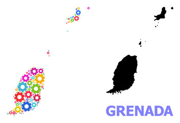 Vector mosaic map of Grenada Islands constructed for engineering. Mosaic map of Grenada Islands is constructed of randomized colorful gear wheels. Engineering components in bright colors.