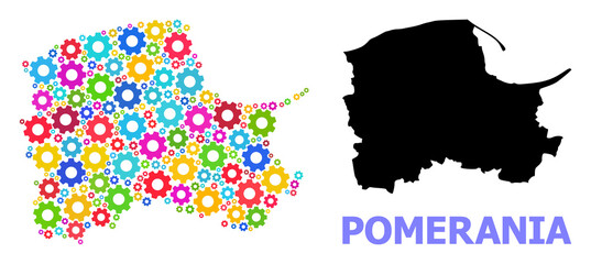 Obraz premium Vector mosaic map of Pomerania Province created for engineering. Mosaic map of Pomerania Province is constructed with randomized bright cogs. Engineering components in bright colors.