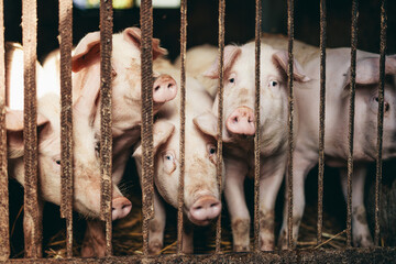 Pigs crowding behind bars. Livestock industry
