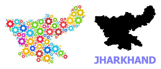 Obraz premium Vector composition map of Jharkhand State combined for engineering. Mosaic map of Jharkhand State is done from random bright gear wheels. Engineering components in bright colors.