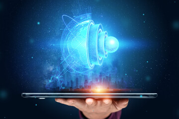 blue hologram Internal structure of the earth above the tablet, the structure of the core,...