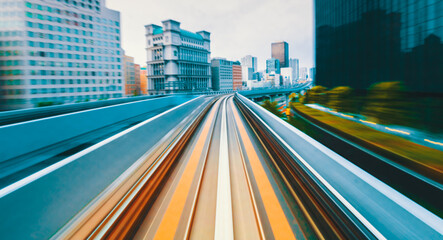Abstract high speed technology POV train motion blurred concept from the Yuikamome monorail in...