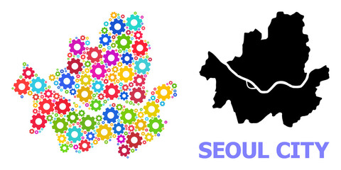 Fototapeta premium Vector mosaic map of Seoul Municipality created for industrial apps. Mosaic map of Seoul Municipality is constructed with scattered bright cogs. Engineering items in bright colors.