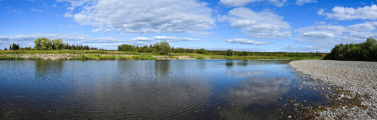 Obraz na płótnie Canvas Panorama of a wild river in the circumpolar Urals.