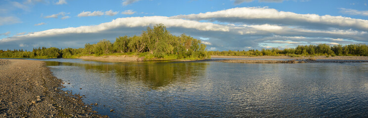 Panorama of a wild river in the circumpolar Urals.