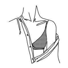 Silhouette of a women in a shirt with an open shoulder. Pretty and sexy young girl. Abstract minimalistic sketch in black continuous lines. Great for postcard, textiles, logo ,icon, avatar. - 386180883