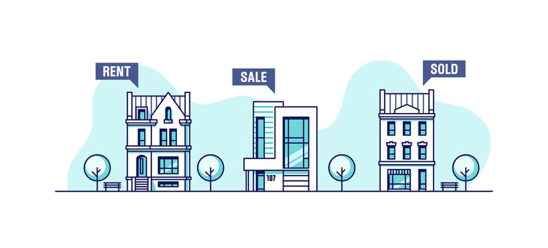 Real estate business concept. Set of urban houses. Vector illustration.