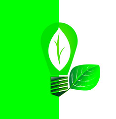On a white and green background is an electric lamp. The heating element made in the form of a tree leaf and a leaf next to the lamp emphasize the safety and environmental friendliness of the lamp.