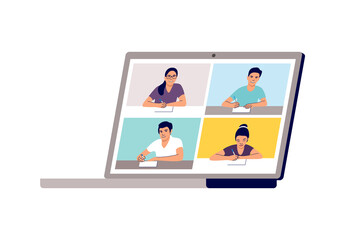 Online remote learning. School learning, study from home via teleconference or web video conference call. Vector illustration.