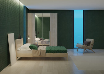 Modern bedroom interior. Emerald color in the interior. Night. Evening lighting. 3D rendering.