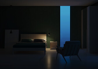 Modern bedroom interior. Emerald color in the interior. Night. Evening lighting. 3D rendering.