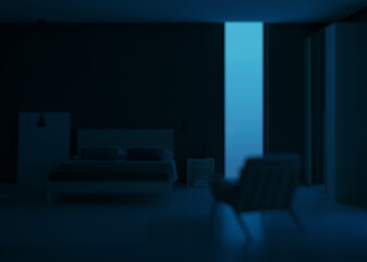 Fototapeta na wymiar Modern bedroom interior. Emerald color in the interior. Night. Evening lighting. 3D rendering.