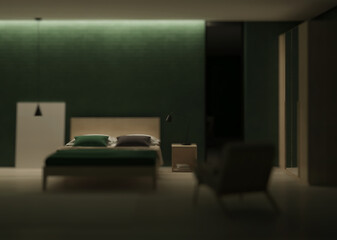 Modern bedroom interior. Emerald color in the interior. Night. Evening lighting. 3D rendering.