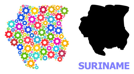 Obraz premium Vector mosaic map of Suriname created for services. Mosaic map of Suriname is created of randomized colored wheels. Engineering components in bright colors.