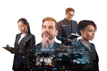 Double exposure of four young, successful, business people standing in front of Asian city Bangkok background. Concept of international teamwork together. Night time.