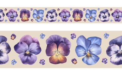 Seamless border of pansy flowers. Watercolor illustration drawn by hand on a beige background. Romantic design for banner or print packaging, decorative ribbons and bookmarks.