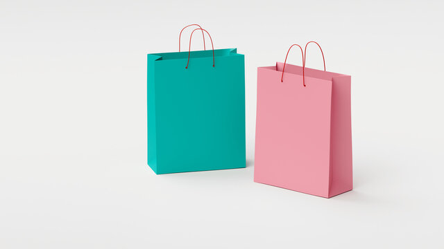 two colored paper shopping bags on a white background, web banner or template, 3d rendering