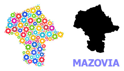 Obraz premium Vector mosaic map of Mazovia Province designed for services. Mosaic map of Mazovia Province is composed of randomized bright gears. Engineering components in bright colors.