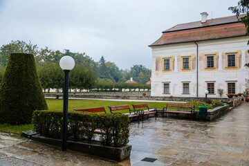 State Chateau Kratochvile, Renaissance residence in watercolor style surrounded by a park and water moat located in South Bohemia, Czech Republic