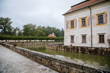 Fototapeta premium State Chateau Kratochvile, Renaissance residence in watercolor style surrounded by a park and water moat located in South Bohemia, Czech Republic