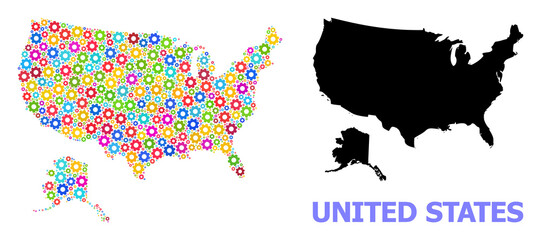 Obraz premium Vector mosaic map of USA and Alaska done for engineering. Mosaic map of USA and Alaska is constructed of scattered bright gears. Engineering components in bright colors.