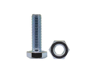Hexagon bolt with nut steel isolated on white background with clipping path.