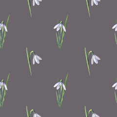Snowdrops seamless pattern hand-drawn on a dark background. Watercolor illustration. Design for printing fabrics, textiles and decoration.