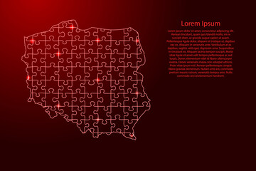 Poland map from puzzles red line and glowing space stars parts mosaic grid. Vector illustration.