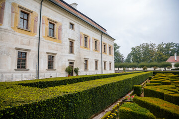Fototapeta premium State Chateau Kratochvile, Renaissance residence in watercolor style surrounded by a park and water moat located in South Bohemia, Czech Republic