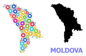 Obraz premium Vector mosaic map of Moldova combined for engineering. Mosaic map of Moldova is made from scattered multi-colored cogs. Engineering items in bright colors.