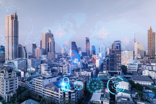 World planet Earth map hologram over panorama city view of Bangkok, Asia. The concept of international connections and business. Multi Exposure.