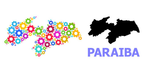 Obraz premium Vector mosaic map of Paraiba State done for engineering. Mosaic map of Paraiba State is composed of scattered multi-colored cogs. Engineering items in bright colors.
