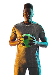 young african soccer player man in studio isolated on white background in silhouette shadow