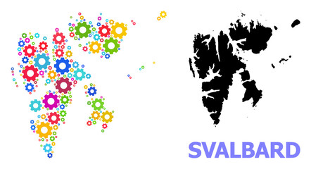 Vector mosaic map of Svalbard Islands combined for mechanics. Mosaic map of Svalbard Islands is designed with scattered bright cogs. Engineering components in bright colors.