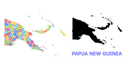 Obraz premium Vector mosaic map of Papua New Guinea organized for workshops. Mosaic map of Papua New Guinea is made from scattered bright wheels. Engineering components in bright colors.