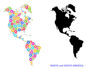 Vector mosaic map of South and North America designed for industrial apps. Mosaic map of South and North America is formed from random bright wheels. Engineering components in bright colors.