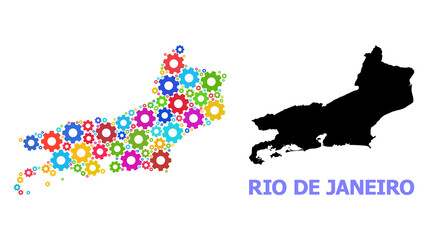 Vector mosaic map of Rio de Janeiro State created for industrial apps. Mosaic map of Rio de Janeiro State is made from scattered bright gear wheels. Engineering items in bright colors.