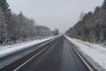 Winter road through the forest	