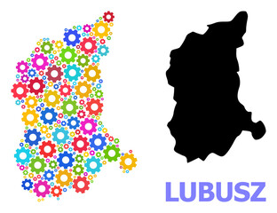Obraz premium Vector composition map of Lubusz Province constructed for engineering. Mosaic map of Lubusz Province is created from random colored gear wheels. Engineering items in bright colors.