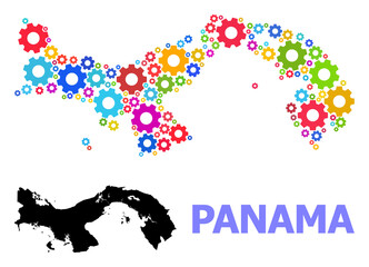 Vector mosaic map of Panama constructed for engineering. Mosaic map of Panama is created with random colored gear wheels. Engineering components in bright colors.