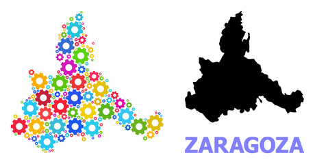 Vector mosaic map of Zaragoza Province organized for services. Mosaic map of Zaragoza Province is organized of scattered bright gear wheels. Engineering components in bright colors.