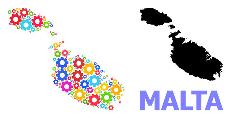 Vector composition map of Malta combined for engineering. Mosaic map of Malta is organized from randomized bright gear wheels. Engineering components in bright colors.