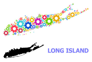 Vector collage map of Long Island organized for engineering. Mosaic map of Long Island is made with random bright wheels. Engineering items in bright colors.
