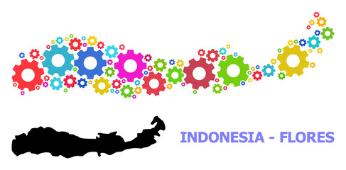 Vector mosaic map of Indonesia - Flores Island done for industrial apps. Mosaic map of Indonesia - Flores Island is organized with randomized bright gear wheels.