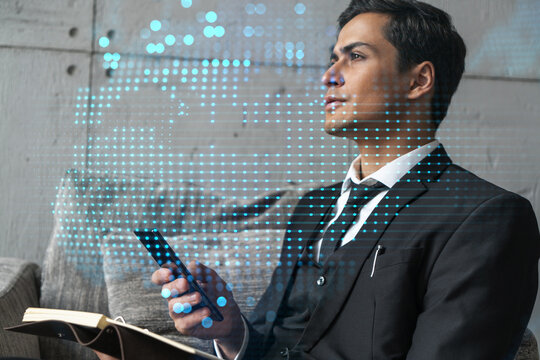 Businessman in office think and dream data technology world map drawing concept. Double exposure.